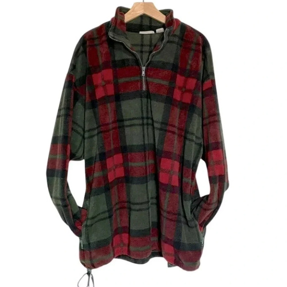 Vintage Fieldmaster XLTall green red black plaid 1/4 zip pull over fleece top - Picture 1 of 4